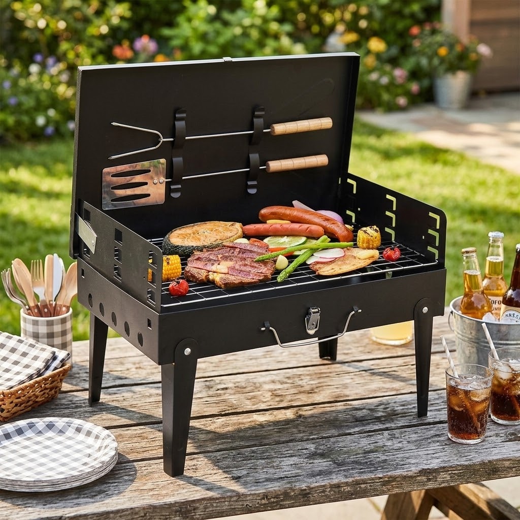 44*27*7cm Portable Square Charcoal Grill Black